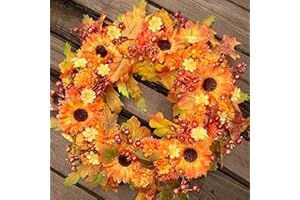 YASTOUAY Fall Wreath Decor, 20" Fall Wreaths for Front Door with Blooming Silk Sunflowers, Marigolds, Daisies, Lifelike Berries & Maple Leaves, Autumn Fall Door Wreath with Lights for Thanksgiving Home Decor