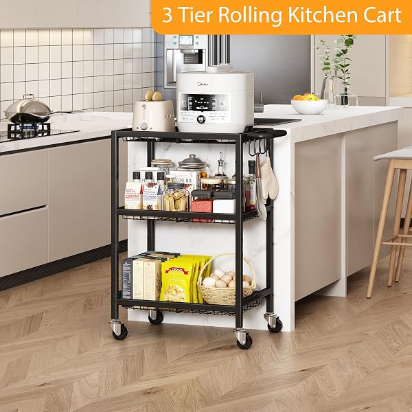 3-TIER ROLLING CART, SPACE-SAVING KITCHEN CART WITH 150LBS CAPACITY, BLACK STORAGE CART WITH 2 LOCKABLE WHEELS FOR KITCHEN ISLAND, RESTAURANT, GARAGE, BACKYARD（NO WOODEN BOARDS, LIGHTWEIGHT VERSION）