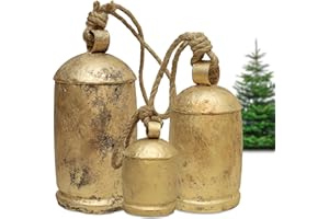 4OUR FAITH Decorative Cow Bells Set of 3 Large Harmony Bells - Vintage Giant Christmas Bells, Country Rustic Cowbells with Jute Rope - XL Hanging Lucky Golden Bells for Farmhouse Decor, Holiday, Home (6"-8"-10")