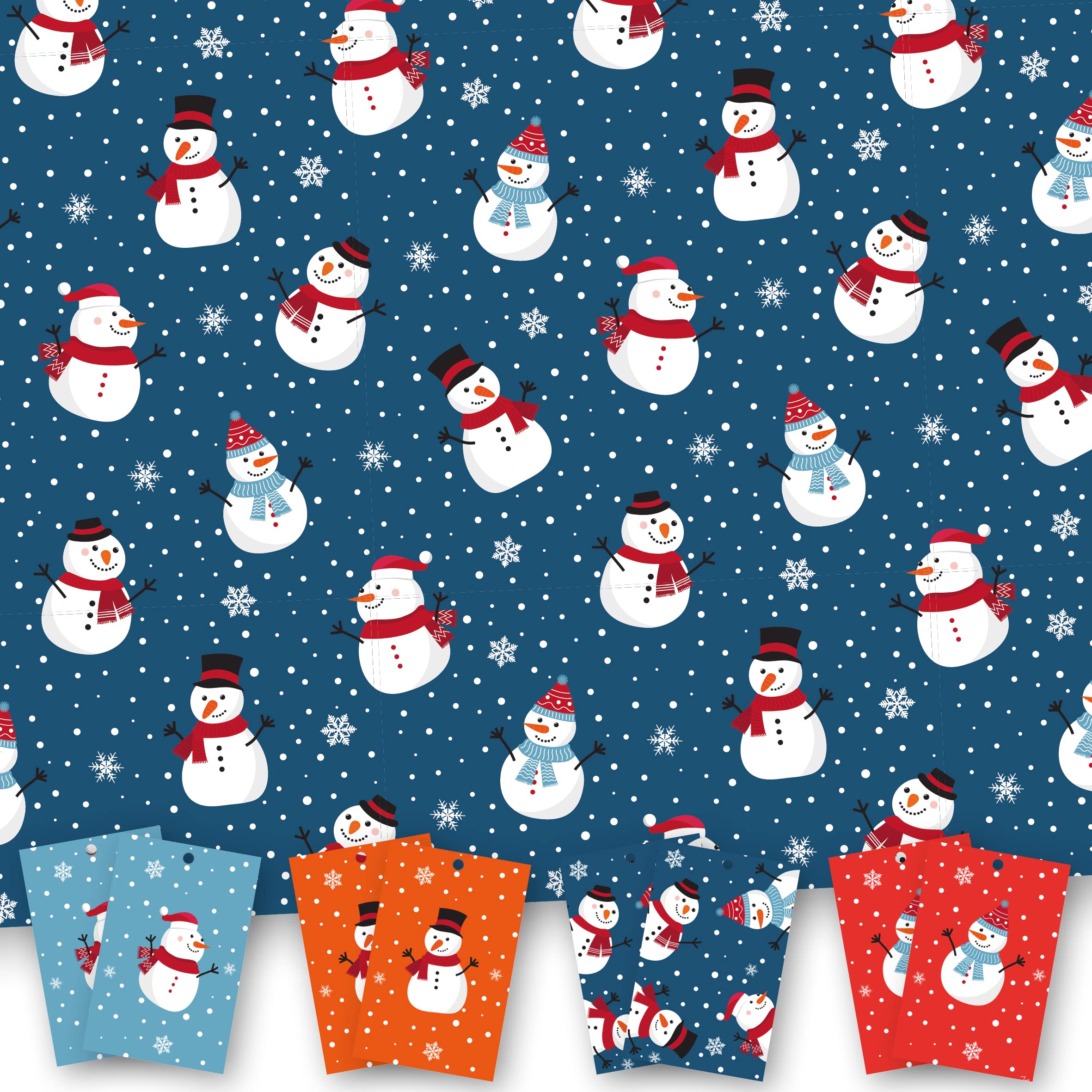 Christmas Wrapping Paper. 8 XL Sheets (50 x 70cm). Happy Snowmen Design. Gift Wrap pack with matching Tags. Cutting grid on reverse. Printed in UK. By Absolutely Yours.