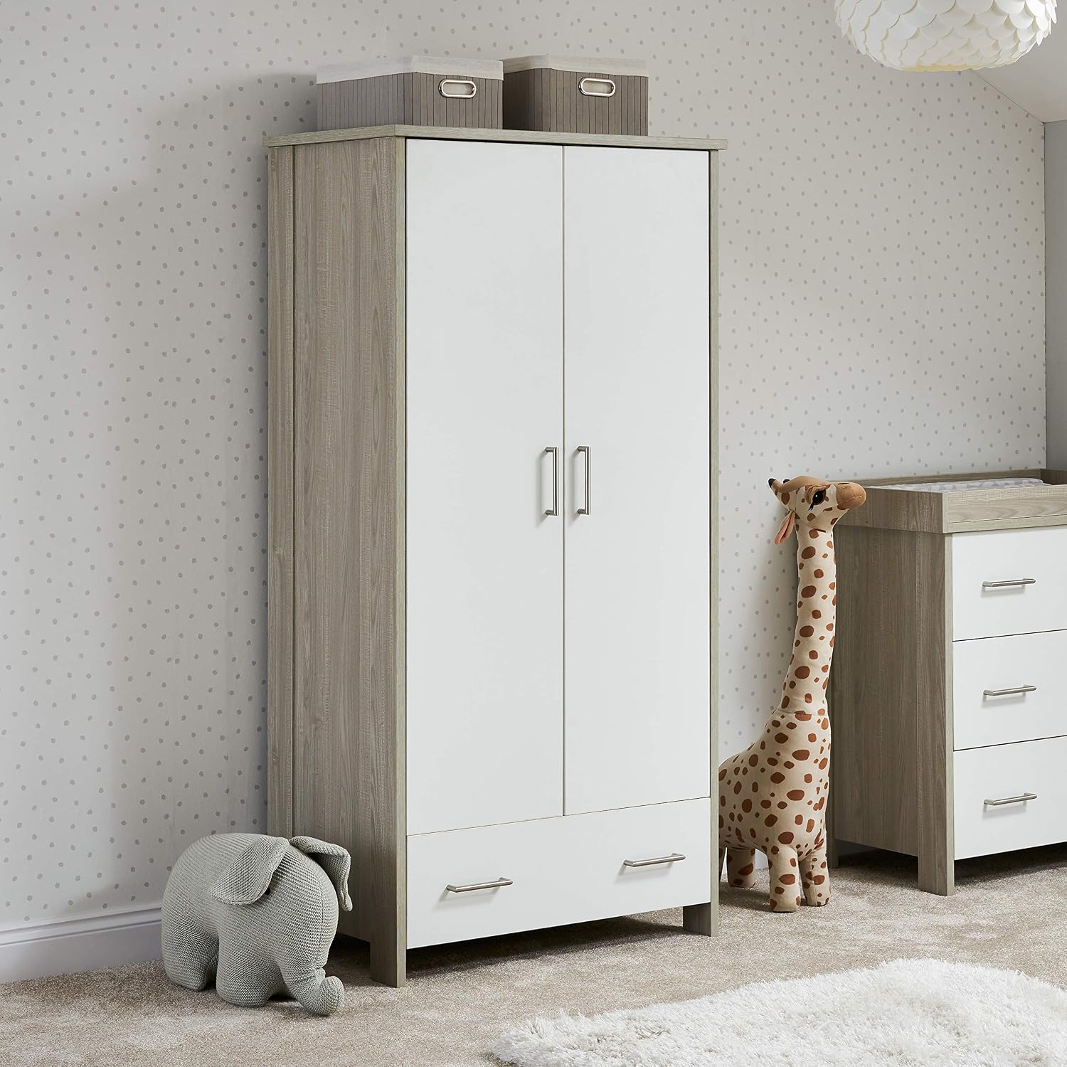 Obaby Nika Double Wardrobe - Grey Wash & White, Nursery Storage with Hanging Rail & Shelves, 85 cm (W) x 50 cm (D) x 170 cm (H) - Image 4