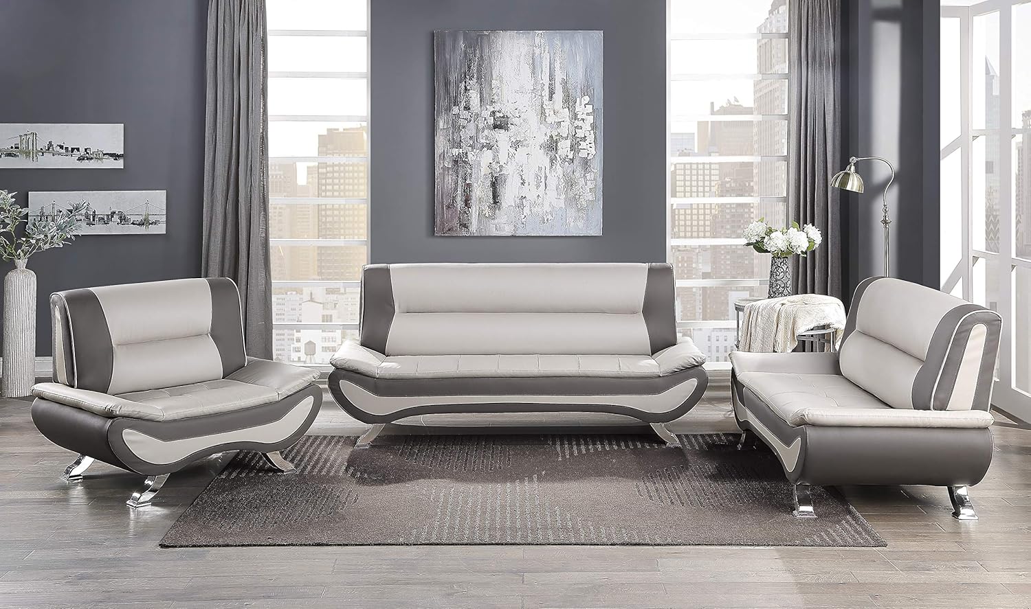 Lexicon 3Piece Faux Leather Sofa Set, Beige/Gray