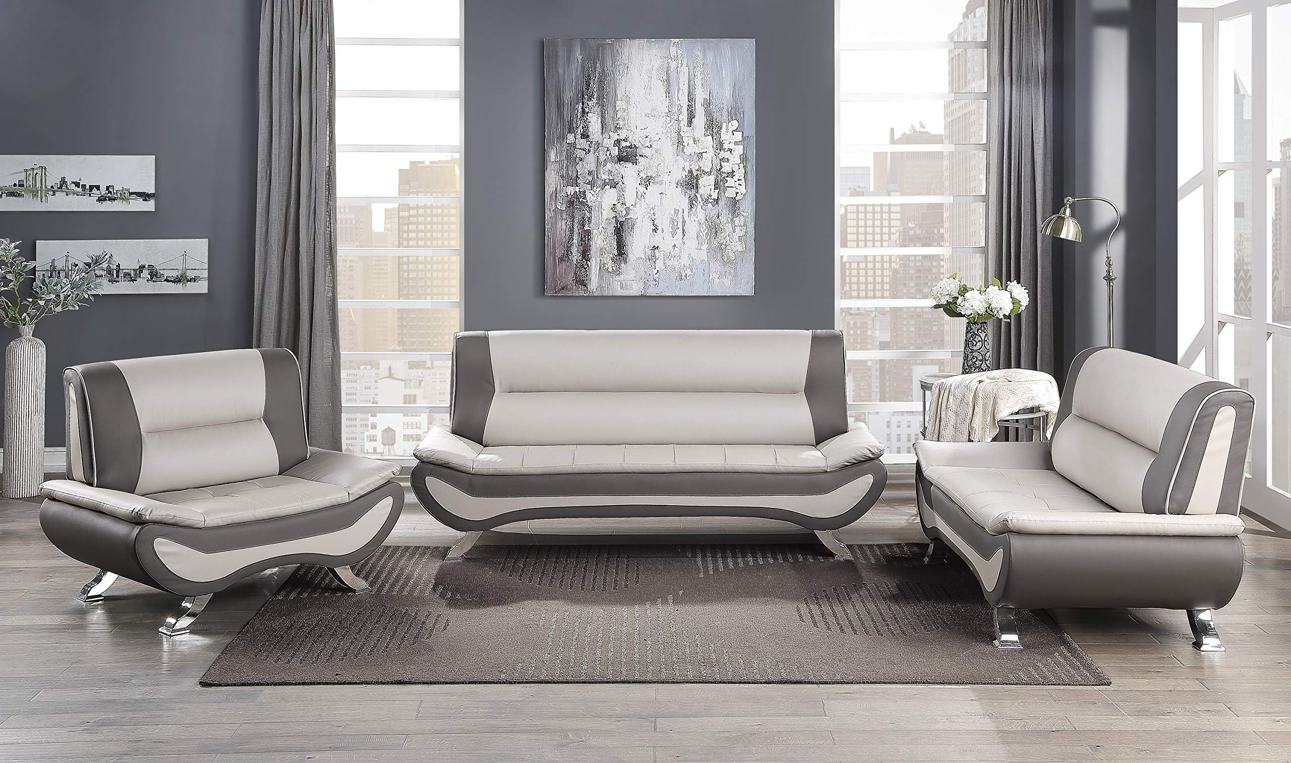 Lexicon 3-Piece Faux Leather Sofa Set, Beige/Gray