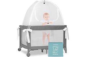PRO BABY SAFETY Pack n Play Tent, Pop Up Mini Crib Tent Cover to Keep Baby from Climbing Out, Falls and Mosquito Bites, Safety Net, Canopy Netting Cover - Sturdy & Stylish Infant Crib Topper