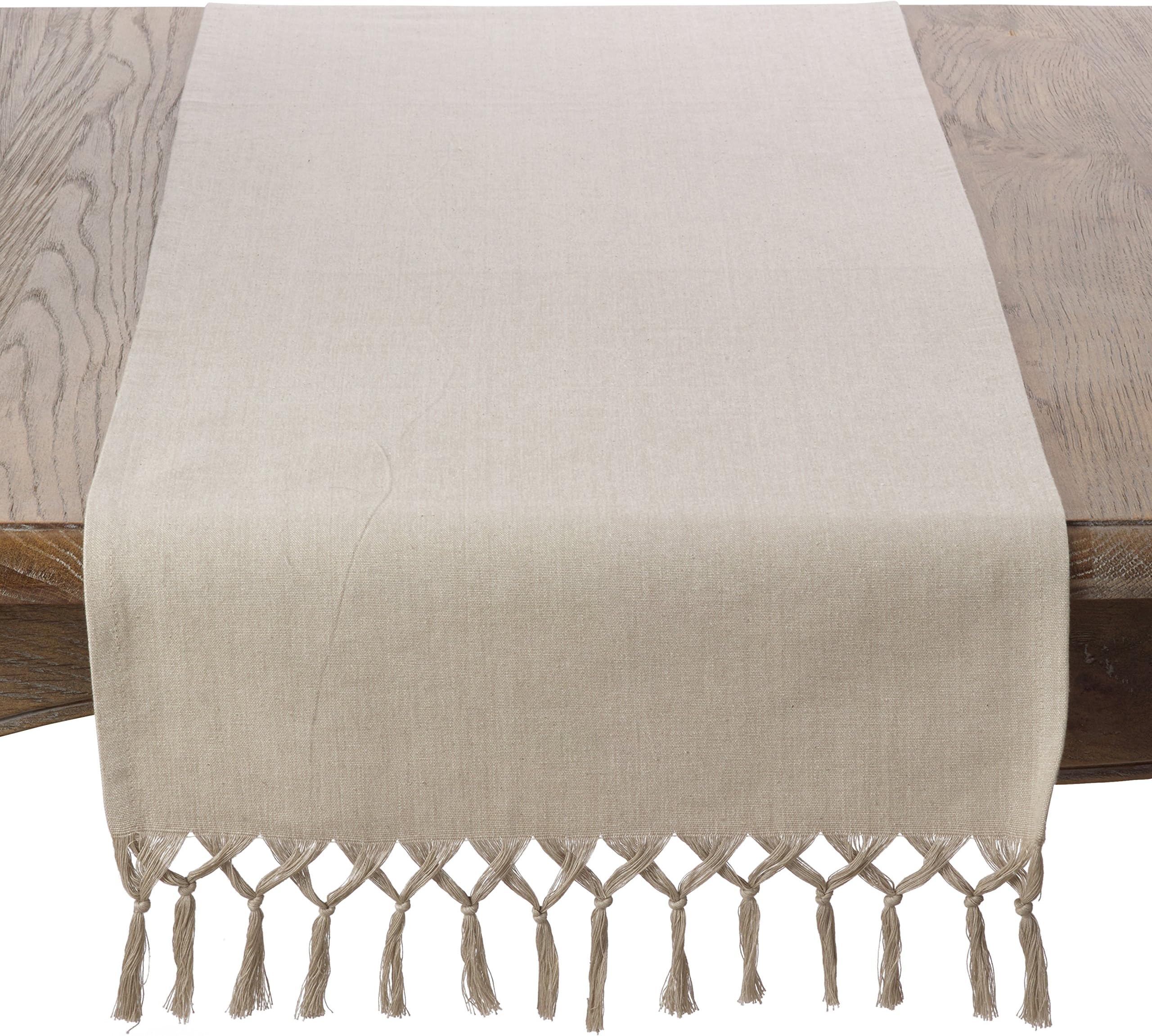 SARO LIFESTYLE 1835.N1672B Knotted Tassel Fringe Cotton Table Runner, 16" x 72", Natural