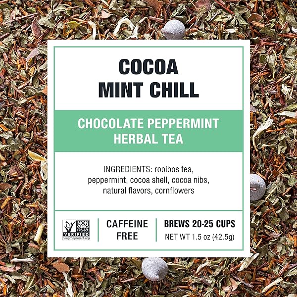 TIESTA TEA COCOA MINT CHILL LOOSE LEAF TEA, CHOCOLATE PEPPERMINT HERBAL ROOIBOS BLEND, NON-CAFFEINATED, REAL FRUIT, HERBS, SPICES, HOT OR ICED BREW, MAKES UP TO 25 CUPS, RESEALABLE POUCH, 1.5 OUNCE