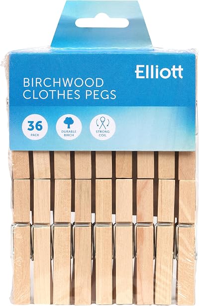 Elliott Hardwood Cloths Pegs with Metal Coil Spring 36 Pack Birchwood