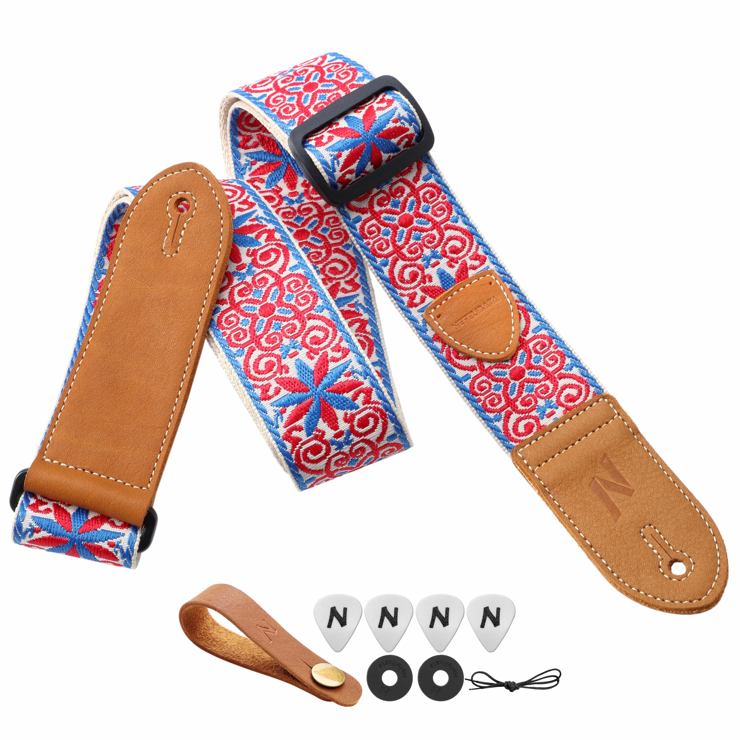 Nefelibata Guitar Strap,Double leather ends,Vintage Woven W/FREE BONUS-4 Picks+Strap Locks+Strap Button,Best Gift For Bass,Electric&Acoustic Guitars for Guitar(Vintage blue red embroidery)