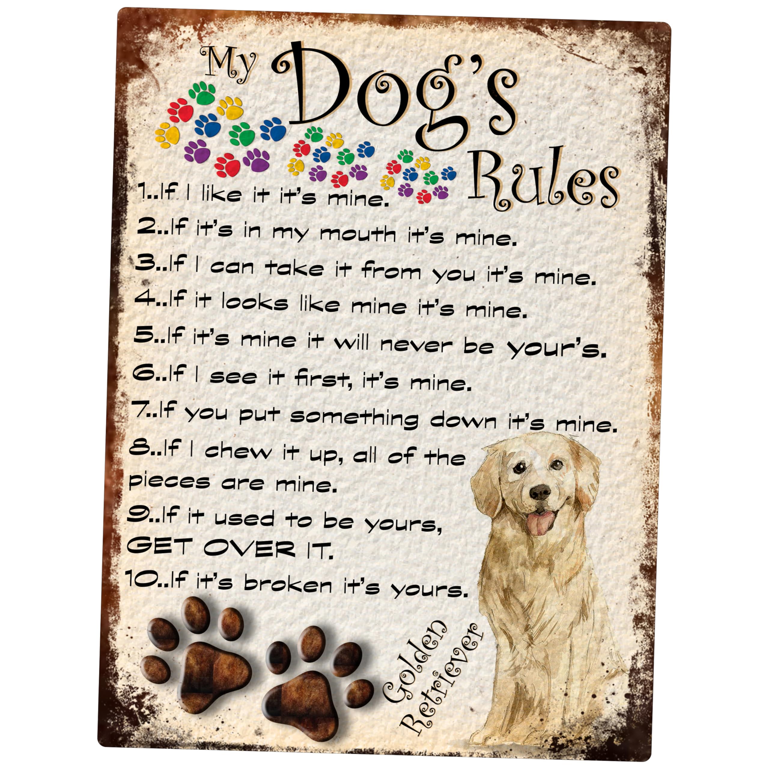 MY DOG'S RULES RETRO STYLE METAL TIN GOLDEN RETRIEVER SIGN/PLAQUE THEME 10" X 8" (62DRM)