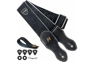 Nefelibata Guitar Strap with Pick Pocket,2.3 inch Porter Style Vegan Leather Carving Guitar Straps,60s Vintage Style（Black）