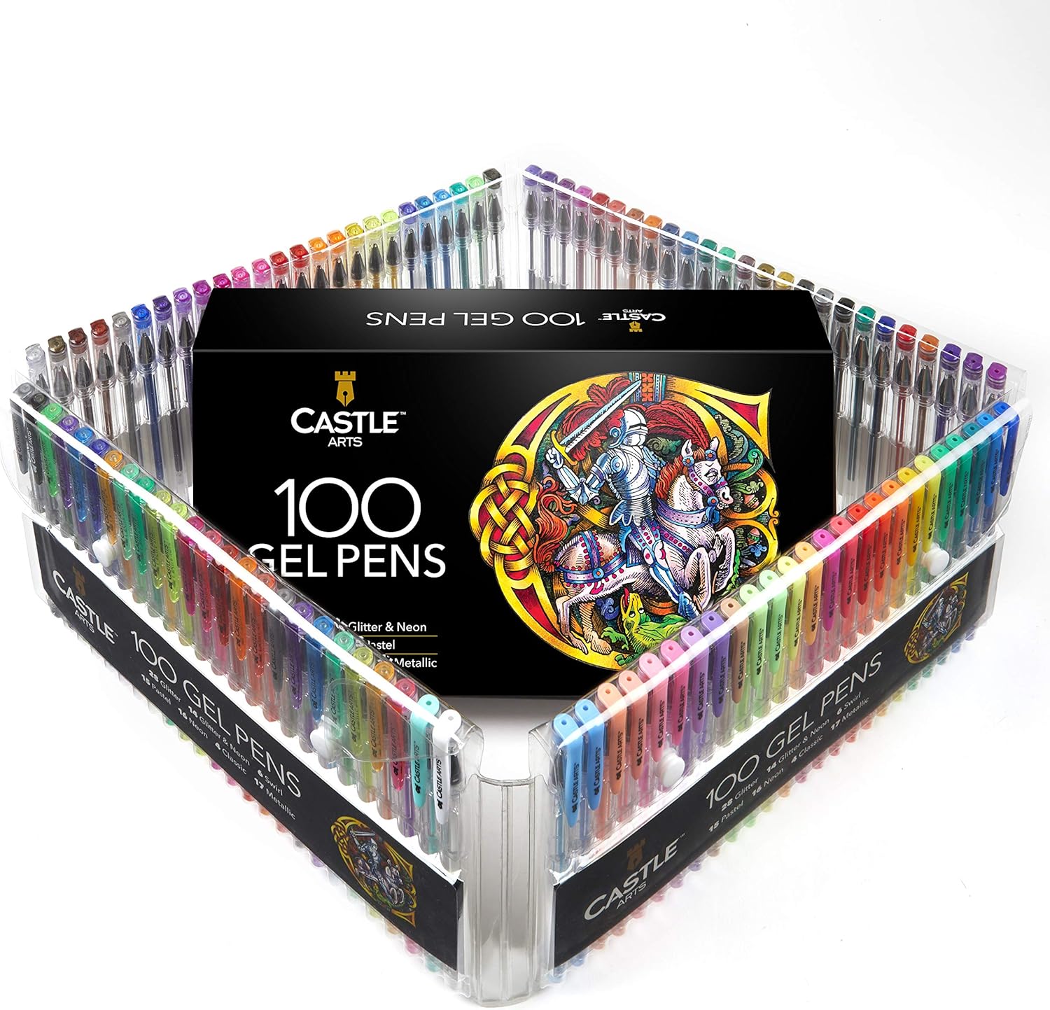 Castle Art Supplies 100 Gel Pens Set with Case for Adults Children Artists | Ideal for Coloring Books Drawing Scrapbooking Writing | Swirl Pastel Metallic Glitter and Neon Smooth Fine Tip Gels : Office Products