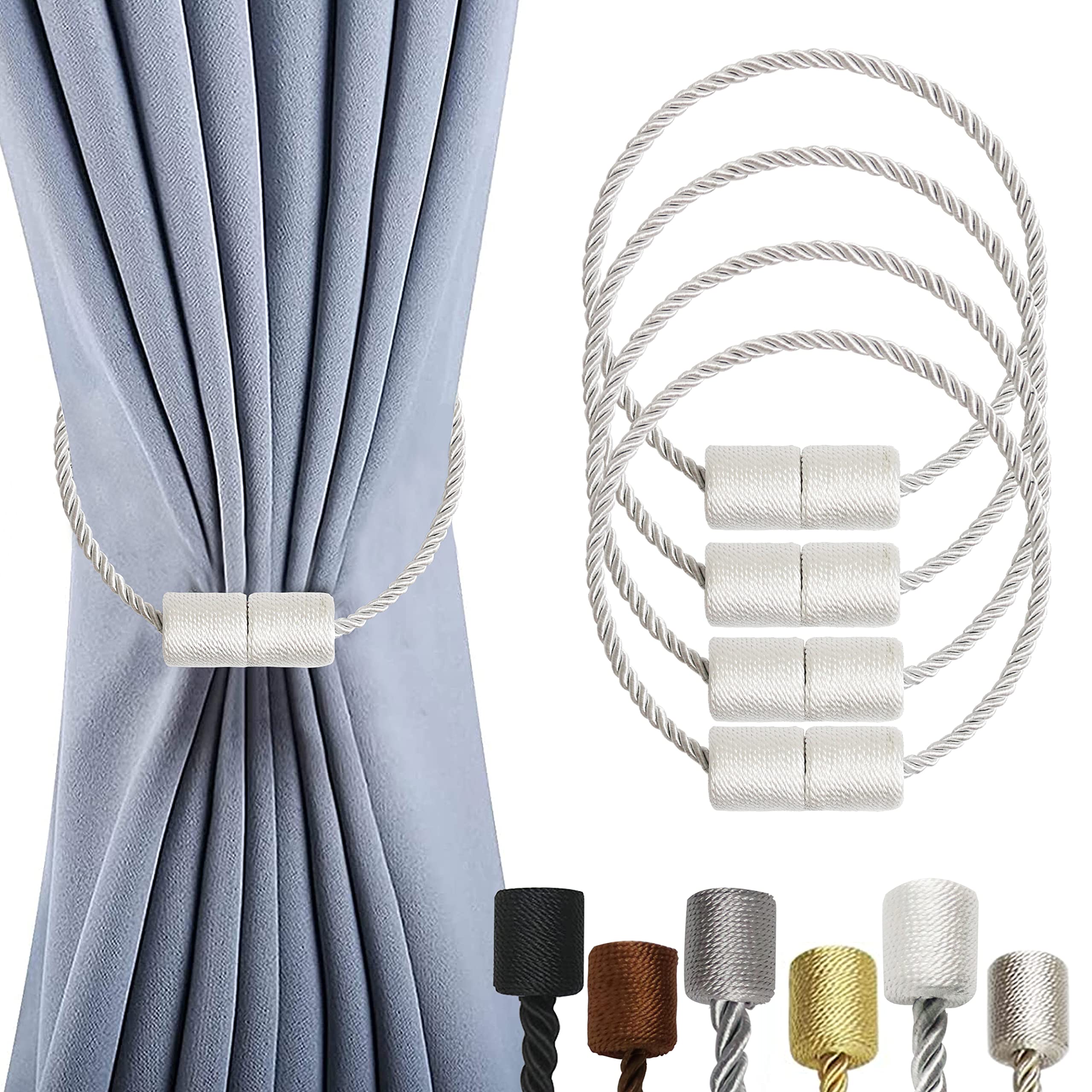 OCIOLI 4 Pack Magnetic Curtain Tiebacks Curtain Holdbacks Curtain Ties Outdoor Curtain Tiebacks Modern Rope Tiebacks Drapery Holdbacks Tie Backs for Curtains (White, 4)