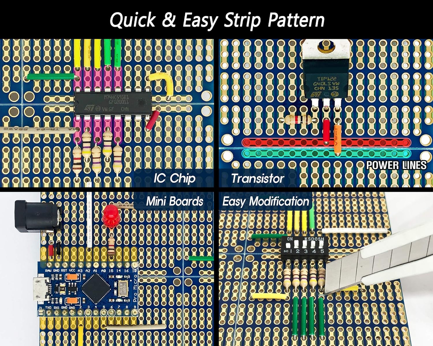 ElectroCookie Snappable PCB, Strip Board with Power Rails for Electronics Projects Compatible for DIY Arduino Soldering Projects, Gold-Plated, 3.8"x3.5" (3 Pack, Blue) - Image 3