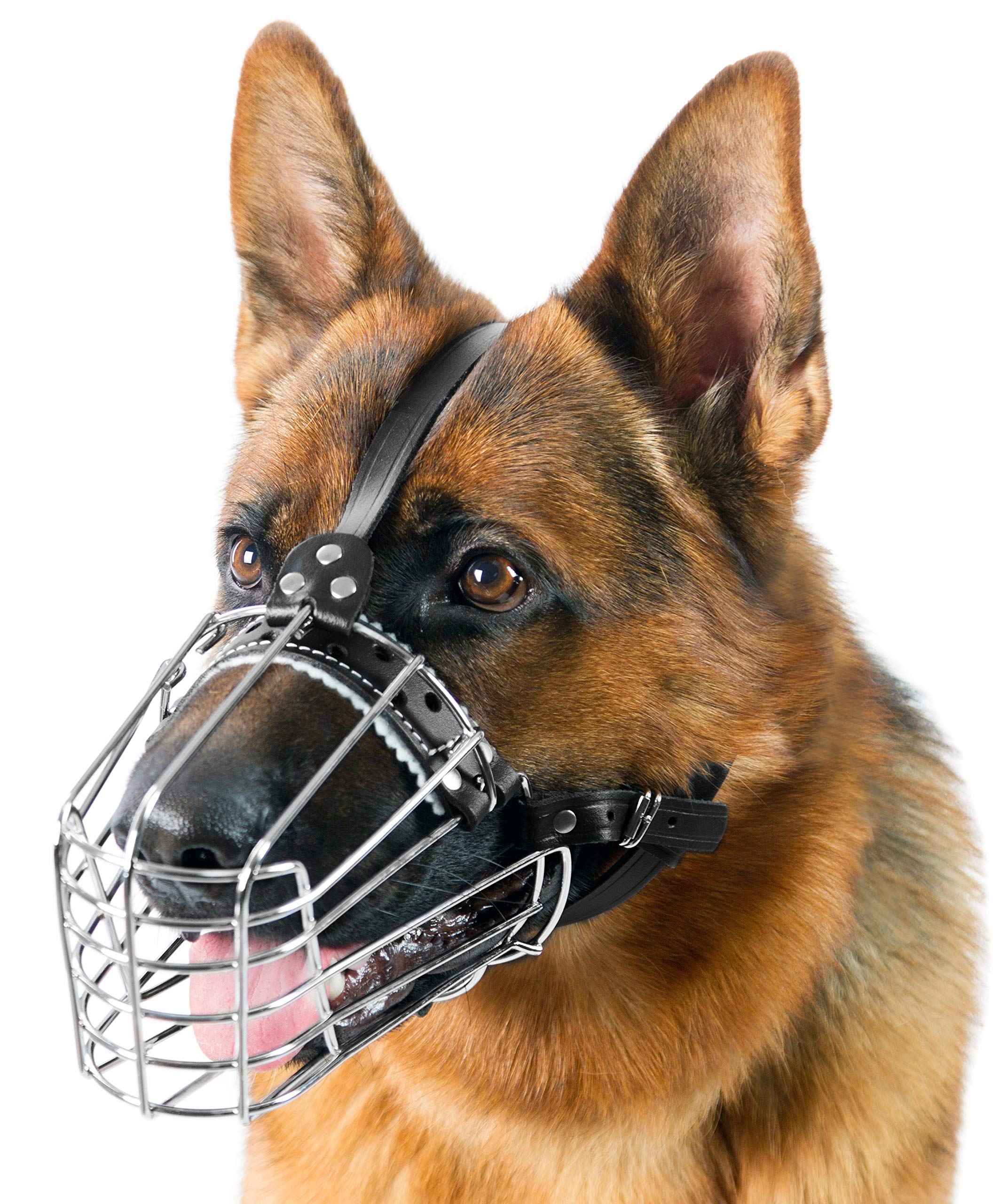 Dog Chrome Metal Muzzles Wire Basket Adjustable Leather Straps German Shepherd Reinforced (№3) Snout Circumference is 13.7-14.5 in, Length is 4.9-5.3 in.