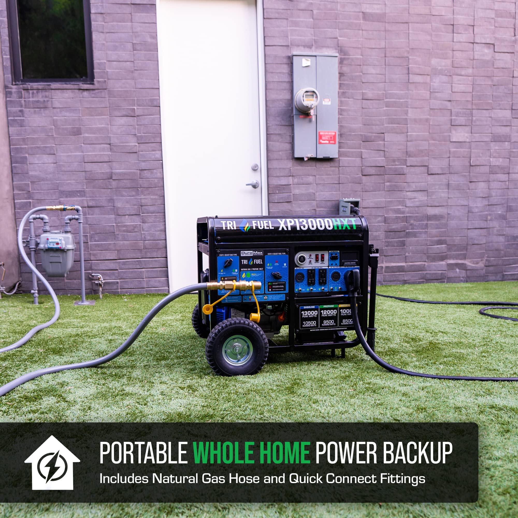 DuroMax XP13000HXT 13,000-Watt 500cc Tri Fuel Gas Propane Natural Gas Portable Generator with CO Alert, Black/Blue
