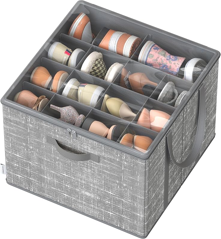 Organisateur de Chaussures, jusqu'à 16 Paires, Boîte de Rangement pour Chaussures, Poignées, Couvercle Transparent, pour Chambre, Entrée, Armoire, Gris Jonc LSP601G01