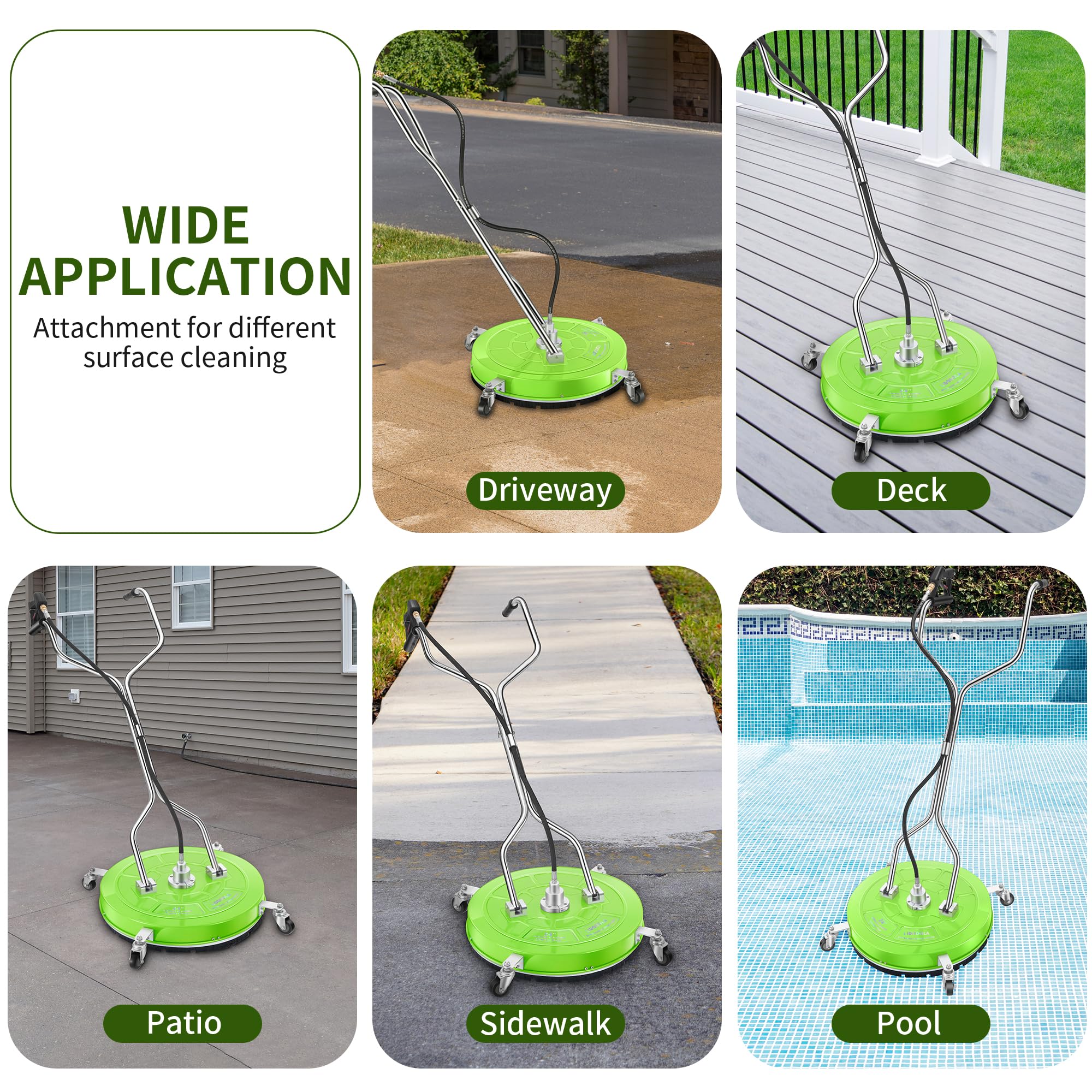 24“ Pressure Washer Surface Cleaner with 4 Wheels - Coated Green Dual Handle Stainless Steel Surface Cleaner for Pressure Washer Attachment for Concrete, Patio, Sidewalk, Deck and Driveways - PWS24G