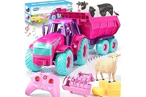 Funwee RC Tractor Toy Set with Light & Sound, Kids Farm Car Animal Trailer Wheels Remote Truck, Outdoor Vehicle Toys Birthday Gift Idea for 3 4 5 6 7+ Years Old Toddler Boys and Girls(Rose red)