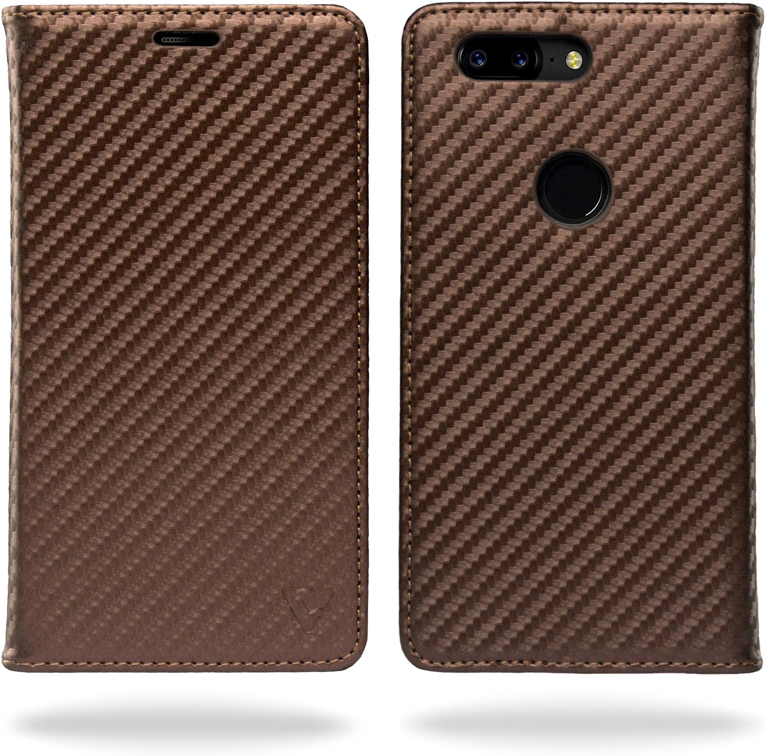Ceego Compact Carbon Fiber Flip Cover for OnePlus 5T [with Magnetic Lock] (Caramel Brown)