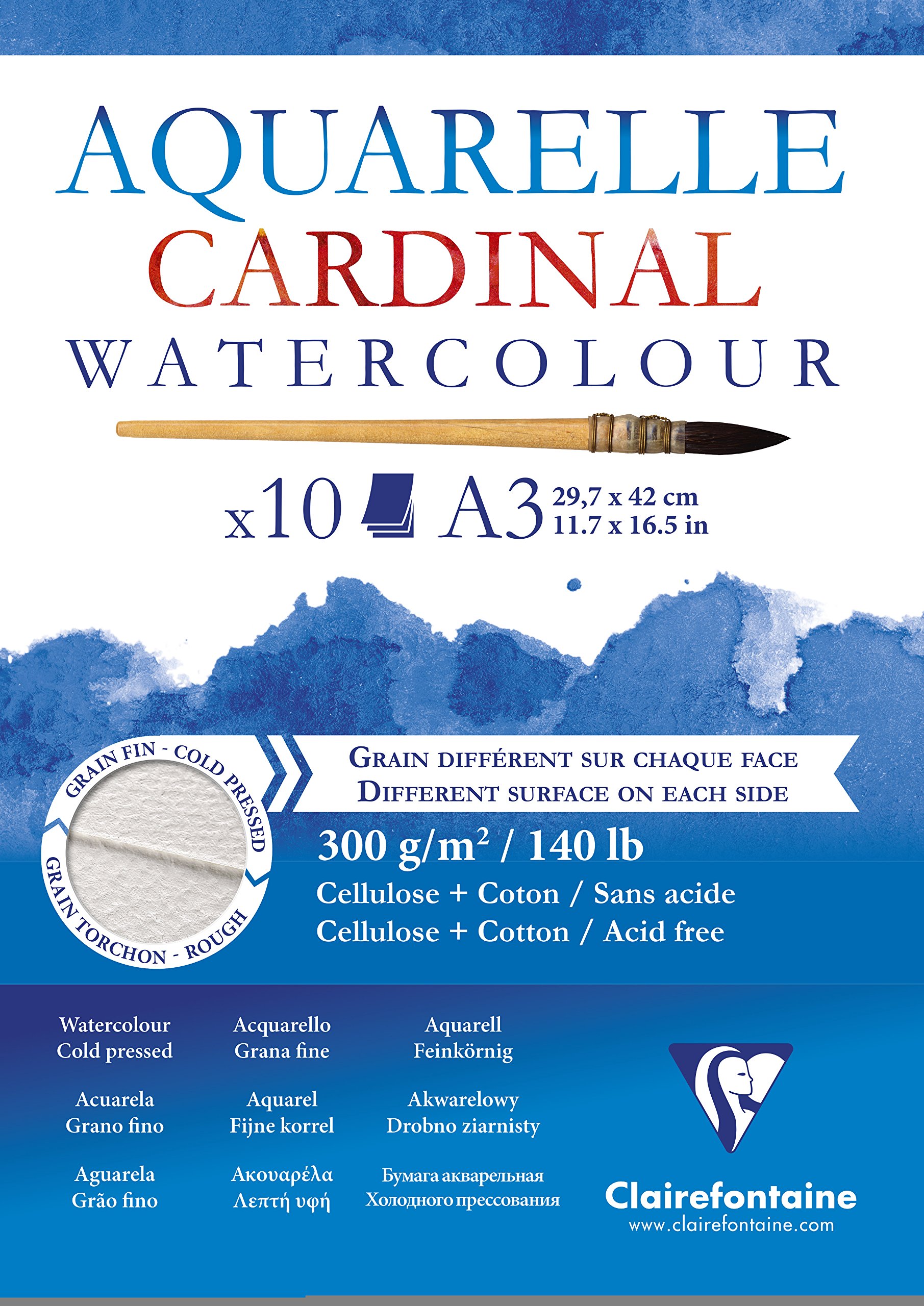 Clairefontaine - Ref 96184C - Cardinal Watercolour Glued Pad (10 Sheets) - A3 (420 x 297mm) Sized, 300gsm Paper, Acid Free, pH Neutral - Suitable for Watercolour