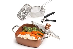 Moss & Stone 5 Pcs Copper Chef Cookware Set, 9.5” Non Stick Deep Frying Pan, Fry Basket, Steamer Rack, Dishwasher & Oven Safe, 5 Quart Deep Square Pan, Induction Copper Cookware Set - 9.5"x3.5"