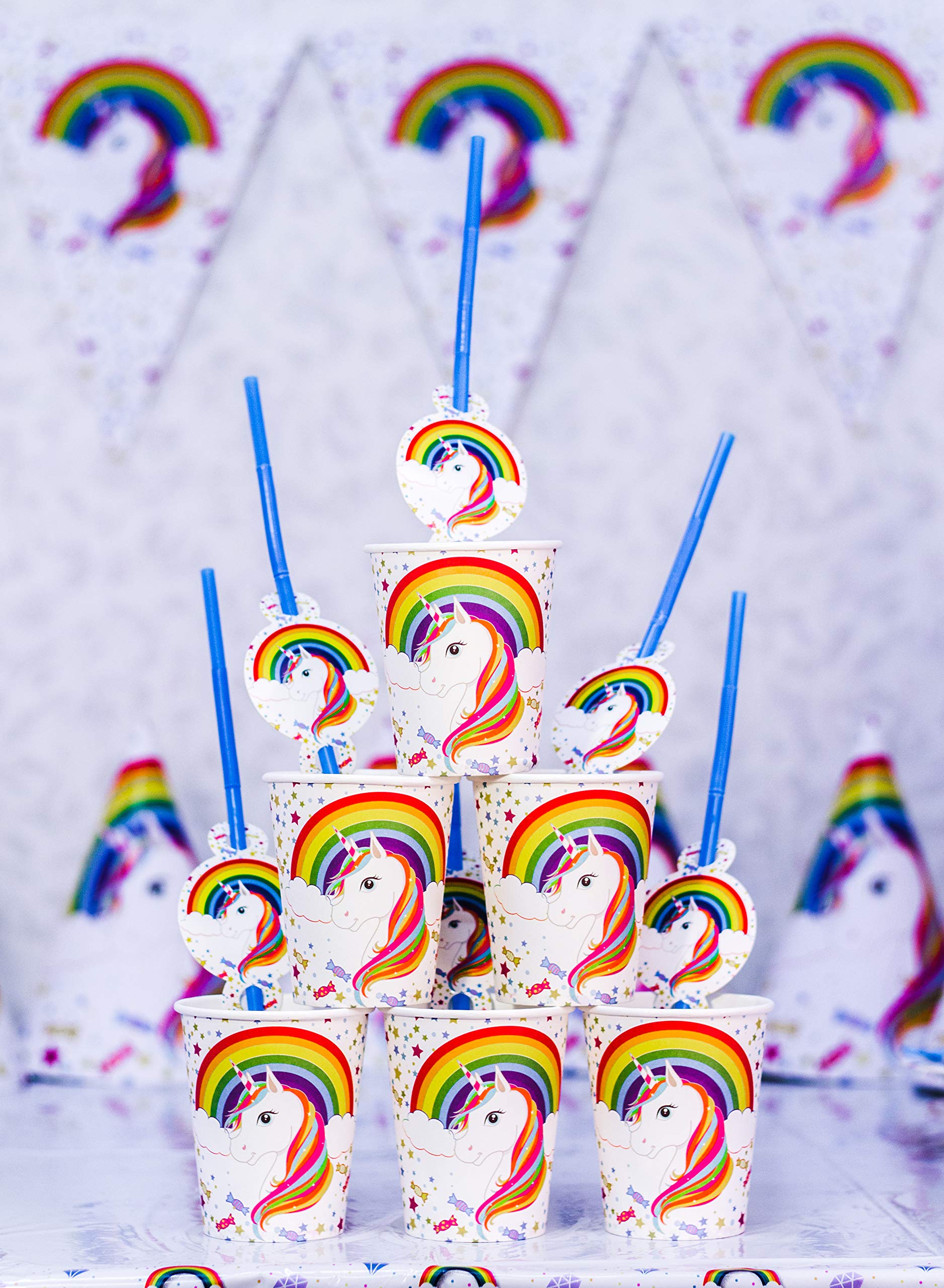 Sigmy Unicorn Party Supplies - (152 PCS)  All-in-One Rainbow Set: Plates, Utensils and Decorations Pack, Serves 10 People. Includes Banner, Hats, Bags, Invitations, Cups, Tablecloth