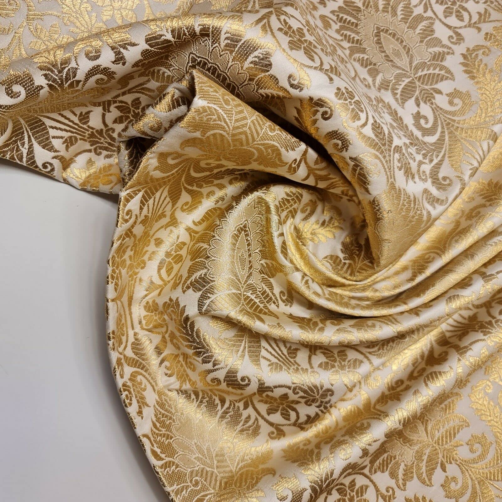 Floral Gold Leaf Damask Metallic Indian Banarasi Brocade Fabric Design 44" (Ivory)