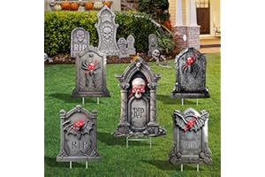 DUNFACK 5 Pack Tombstone Halloween Decorations Plastic Yard Signs with Stakes,Graves Halloween Decorations Outdoor, Scary Gravestone Decorations with Glow in Dark Eyes for Outdoor Yard Lawn Garden Waterproof