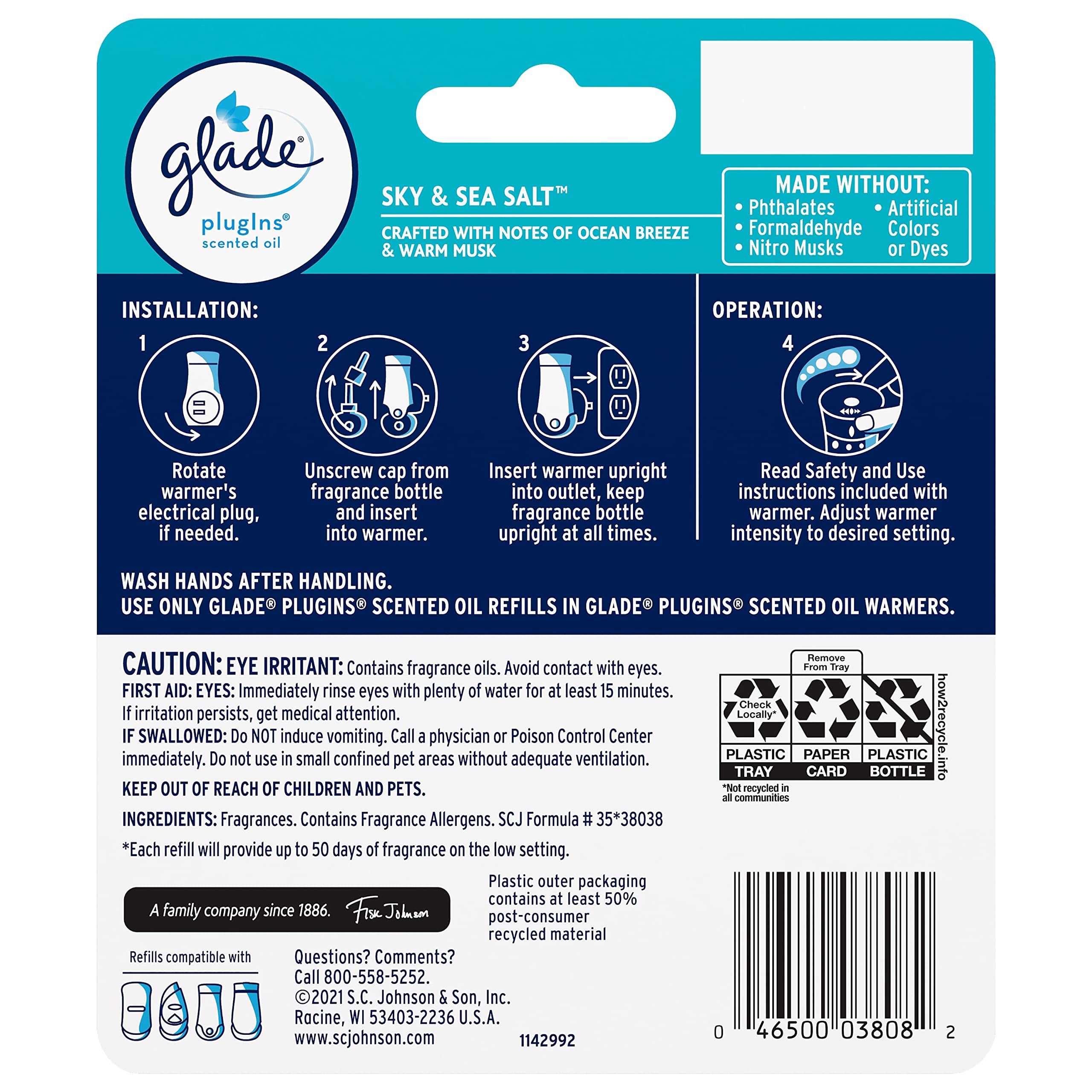Glade PlugIns Refills Air Freshener, Scented and Essential Oils for Home and Bathroom, Sky & Sea Salt, 1.34 Fl Oz, 2 Count
