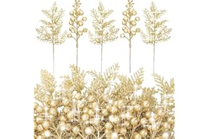 Cindeer 40 Pieces Christmas Tree Decorations Include 20 Glitter Berries Stems and 20 Xmas Tree Pick Leaves Fake Christmas Picks Artificial Pine Needles Glitter Sticks for DIY Wreath (Gold)