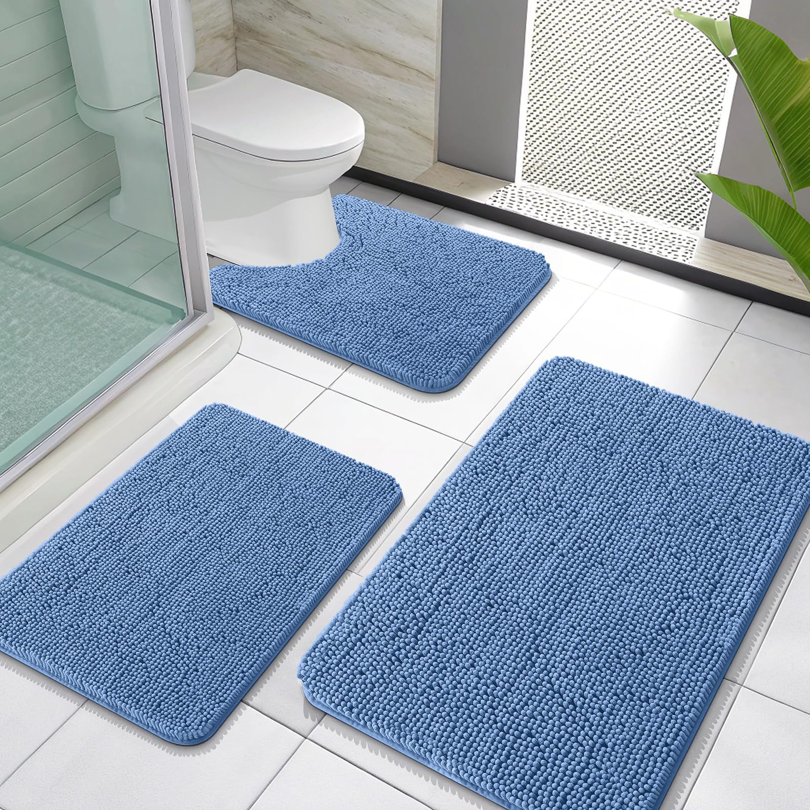OLANLY Bathroom Rugs Sets 3 Piece, Soft Absorbent Chenille Bath Mats and U-Shaped Contour Toilet Rug, Home Decor Accessories, Bath Mat Set for Bathroom (30"x20"+24"x16"+24"x20", Cornflower Blue)
