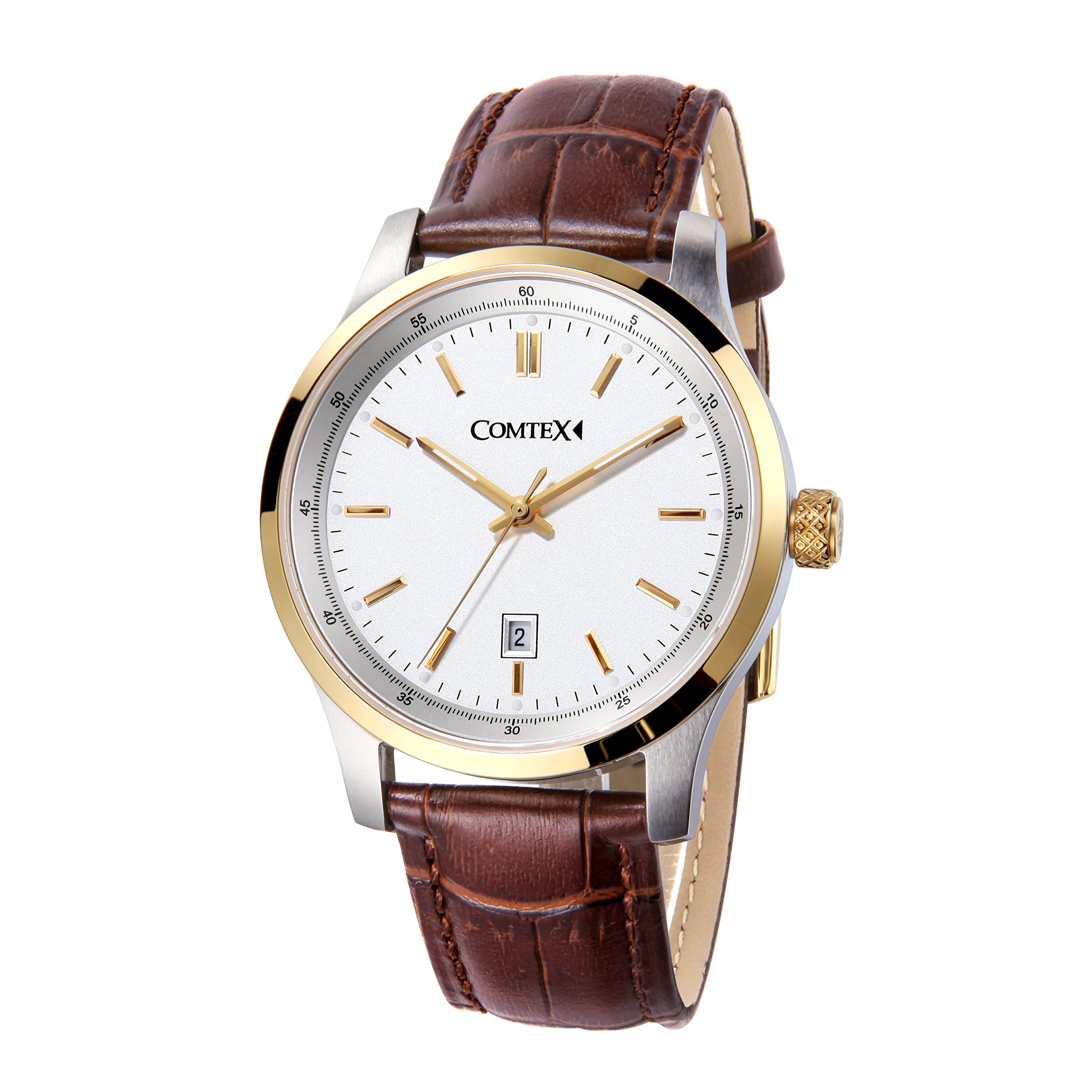 COMTEX Men's Quartz Watch Gold Tone Analogue Brown Leather Strap Casual Watch — image 1