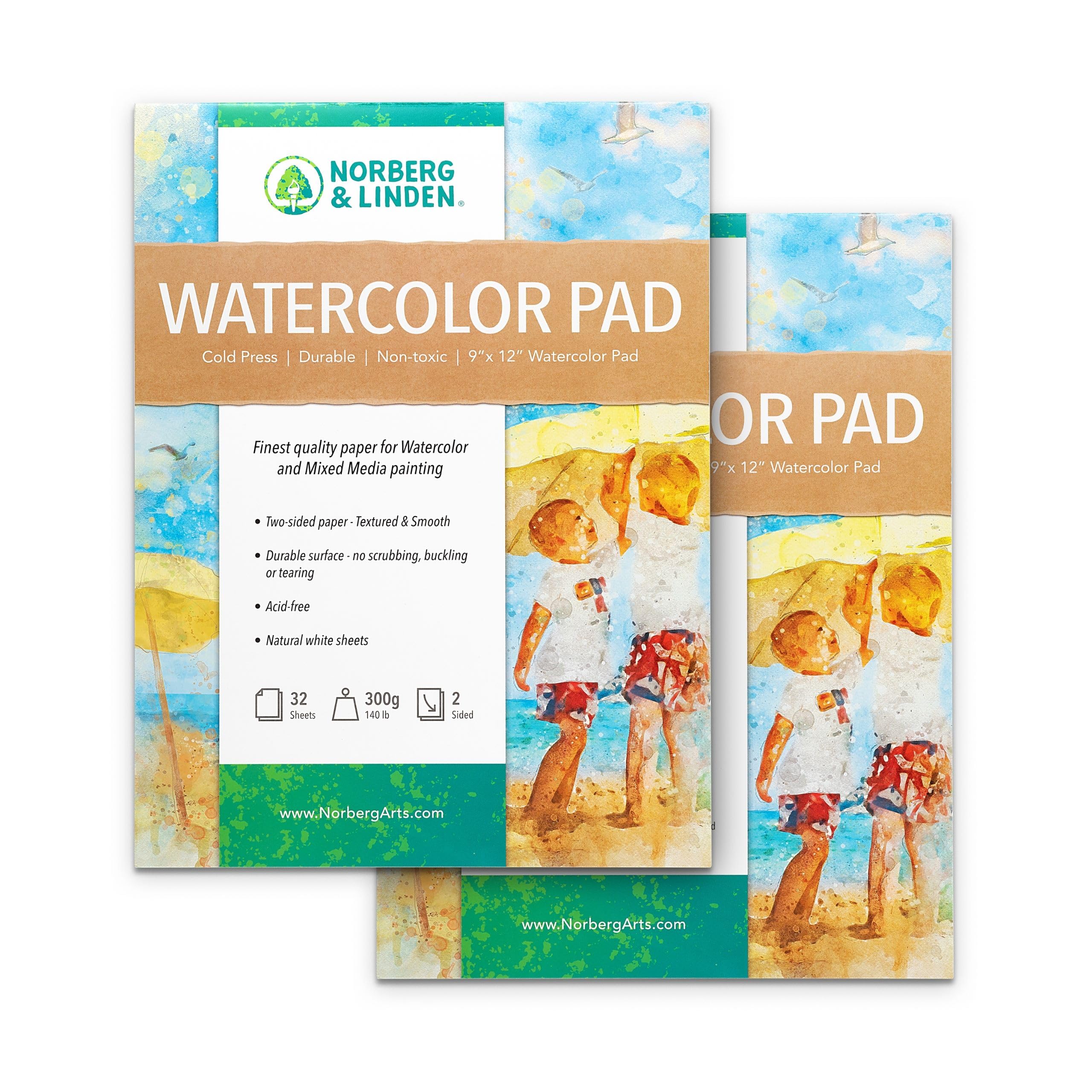 Norberg & Linden 64 Sheets Mixed Media Painting Watercolor Paper - 9" x 12" Paint Paper Sheets - Double-Sided - Ideal Texture for Painting, Coloring, Sketching - Cold Pressed, 300g - 2 Pad Count