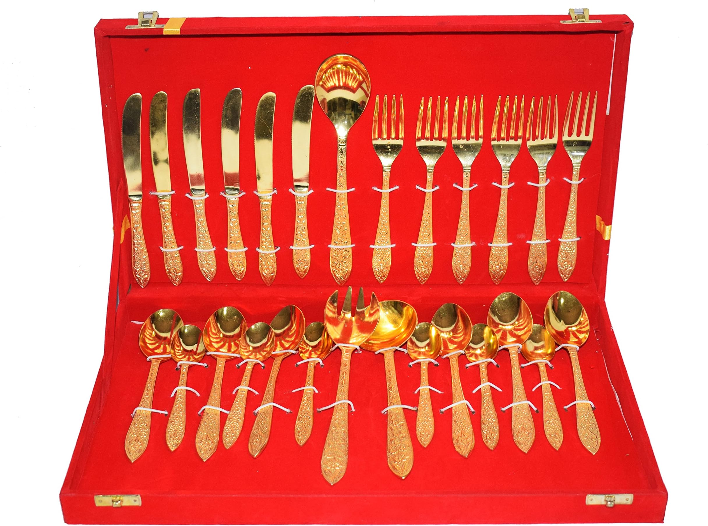 Chritmas Gift/Diwali/Deepawali Gift Antique Brass Gold Plated Pure Brass Engraved Premium Cutlery Set with Red Velvet Box .Modern and Traditional Home Decor Themes.Perfect Christmas Gift