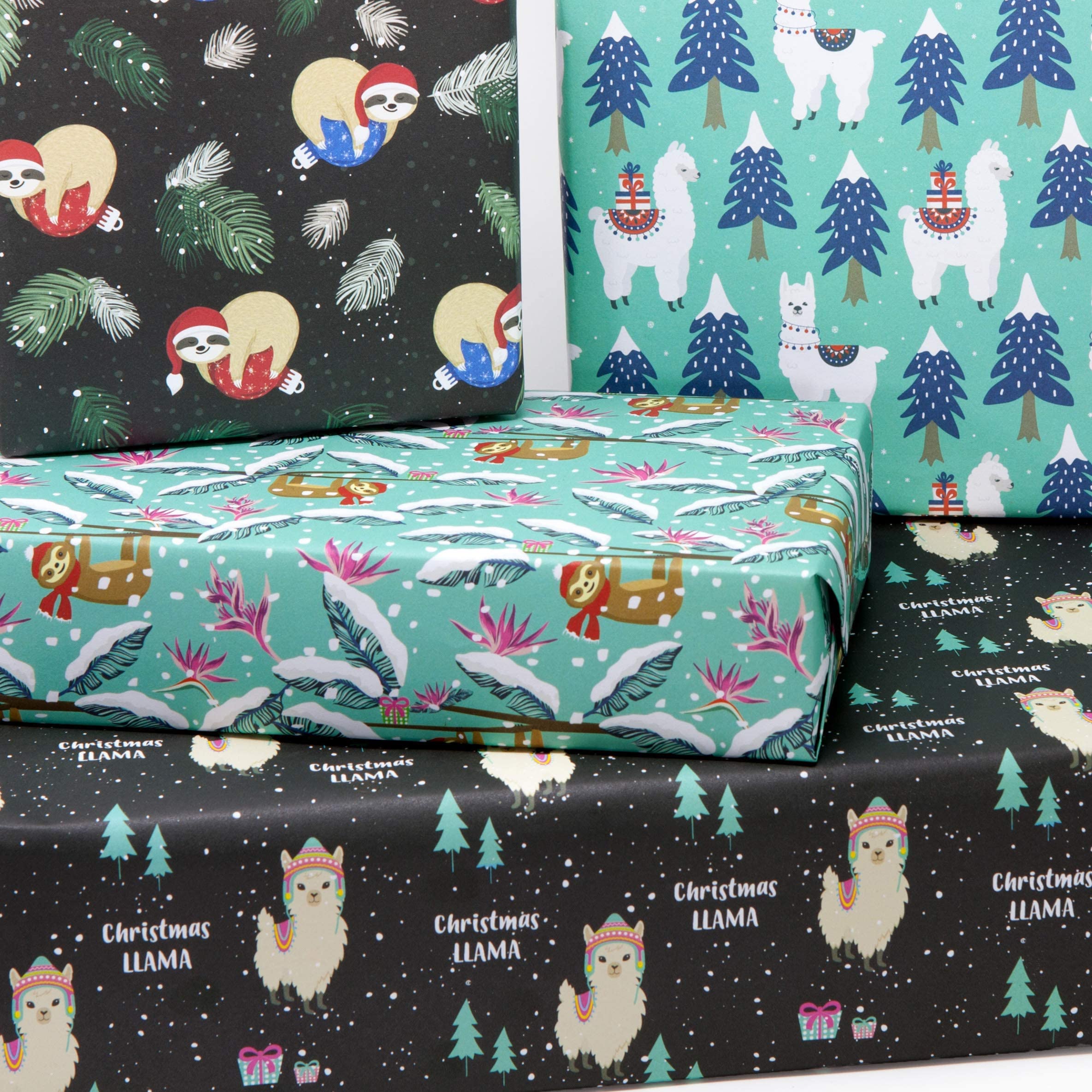 Christmas Llama and Sloth Wrapping Paper Sheets - 100% Recycled and Recyclable Xmas Gift Wrap - Made in the UK (Sloths & Llamas, 4-pack)