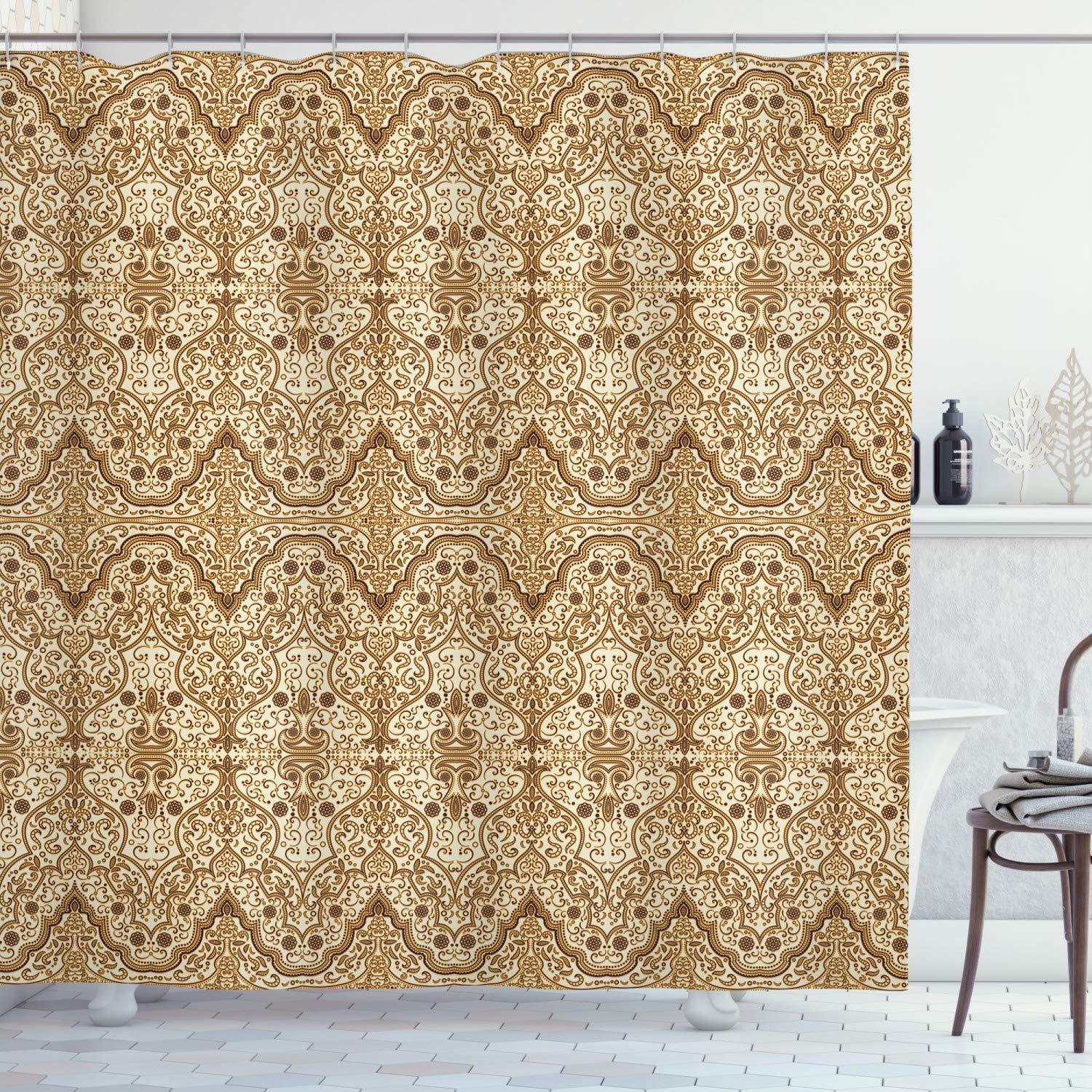 ABAKUHAUS Orient Shower Curtain, Folkloric Lace Pattern Traditional Design with Middle Eastern Elements, Cloth Fabric Bathroom Decor Set with Hooks, 78 Inches, Apricot Cream