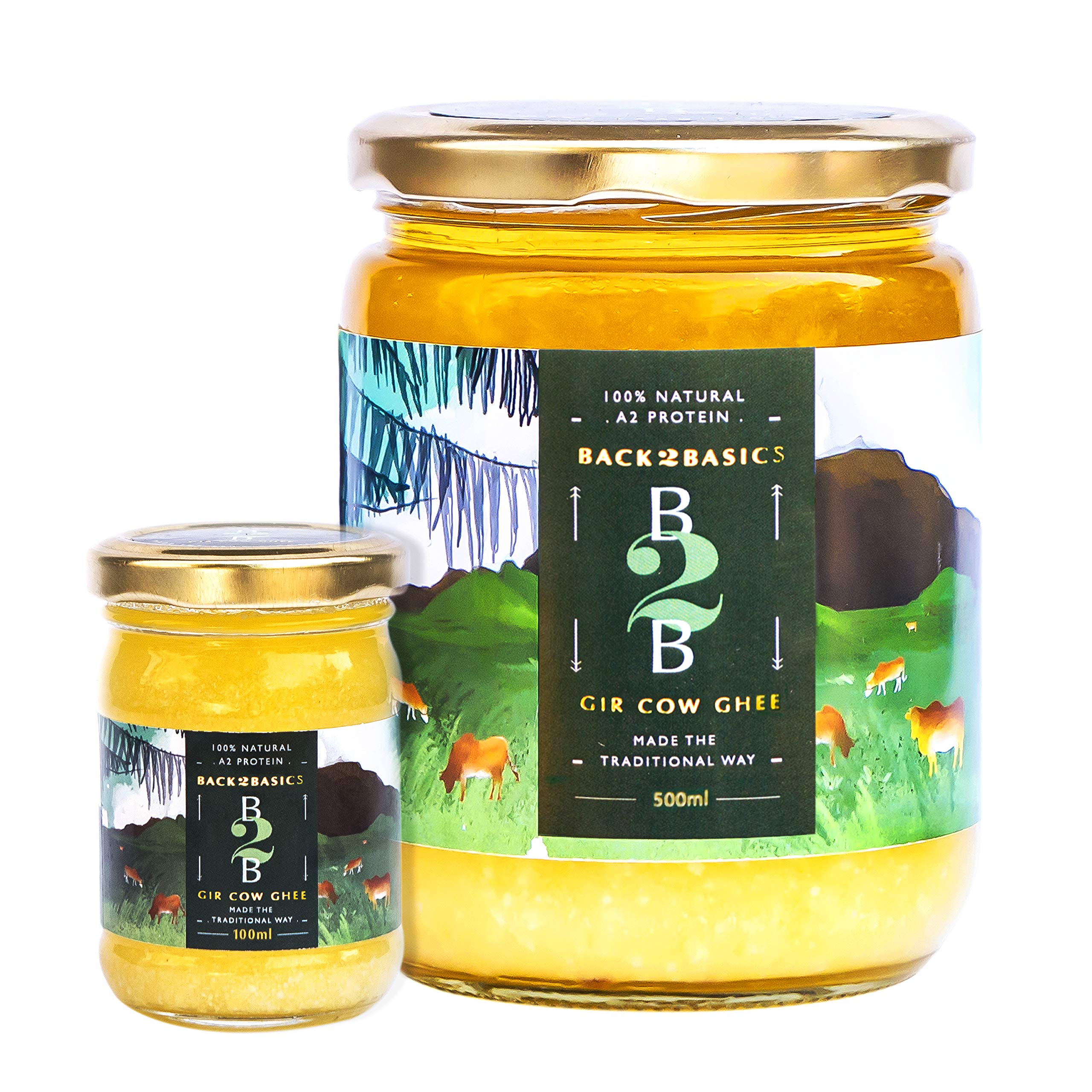 Back2Basics 100% Natural Gir Cow A2 Ghee from A2 Milk 500 ml Plus 100ml Free , Bilona Ghee ,Glass Bottle