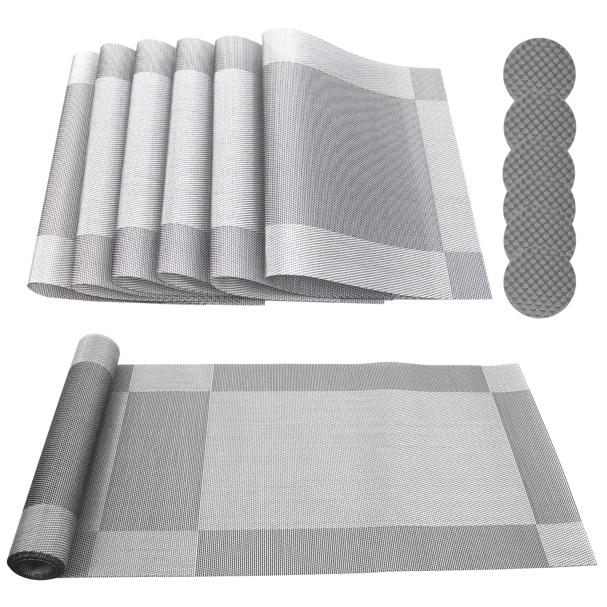Time to Sparkle 13 PCS Vinyl Woven 6pcs Placemats + 6pcs Coasters+ 1pc Tablecloth Anti-Slip Table Mat Waterproof Heat Resistant Table Mat Decoration (Placemat+Runner-Sliver)
