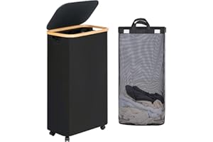 efluky Slim Laundry Basket with Wheels, Narrow Rolling Laundry Hamper with Lid and Removable Bag, Aesthetic Dirty Clothes Hamper on Wheels for Laundry Room, Bedroom, Dorm and Bathroom, 75L Dark Black