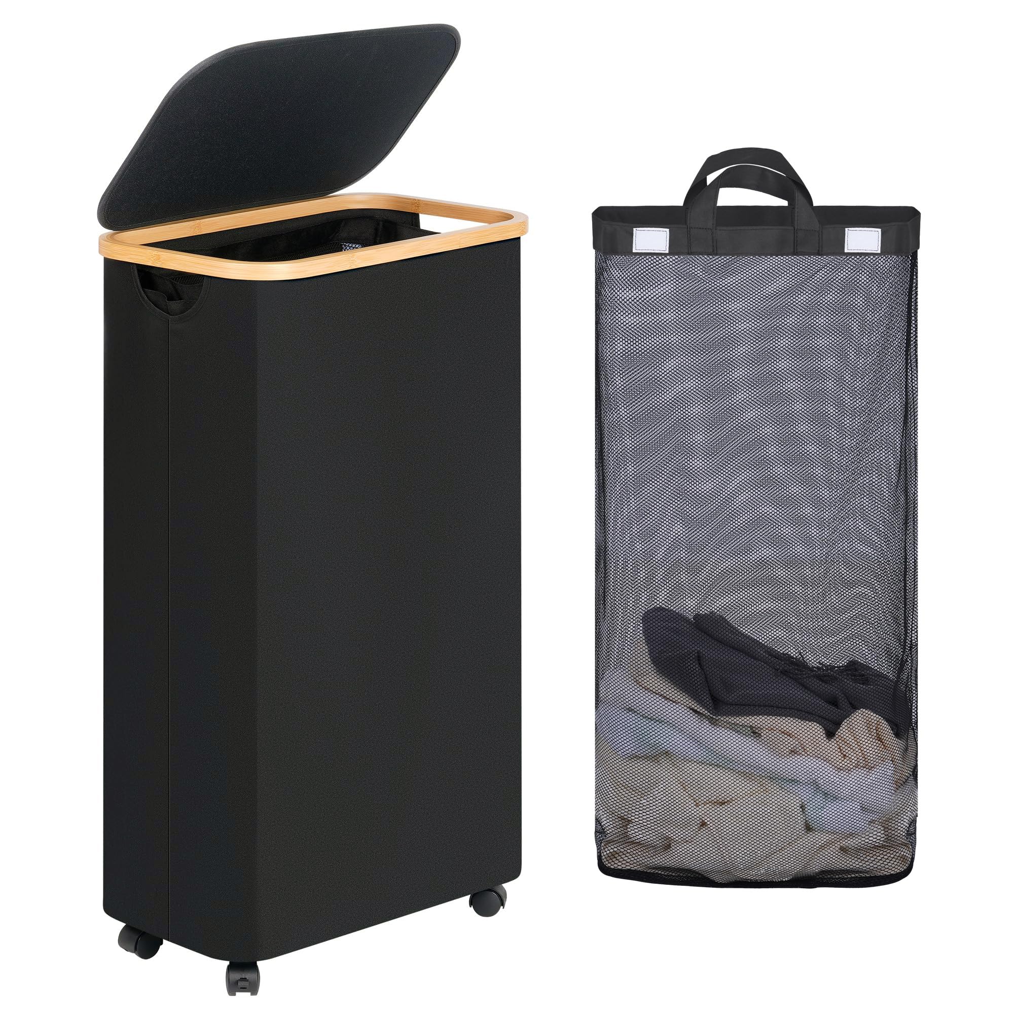Photo 1 of ***MISSING PARTS***
efluky Slim Laundry Basket with Wheels, Narrow Rolling Laundry Hamper with Lid and Removable Bag, Aesthetic Dirty Clothes Hamper on Wheels for Laundry Room, Bedroom, Dorm and Bathroom, 75L Dark Black