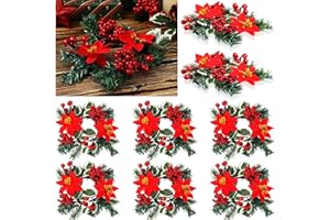 Yilloog 8 Sets Mini Christmas Candle Rings Wreaths Berry Pinecone Red Poinsettia Wreaths Rings Xmas Mini Candle Holders for Christmas Wedding Table Centerpiece Decor (Classic)