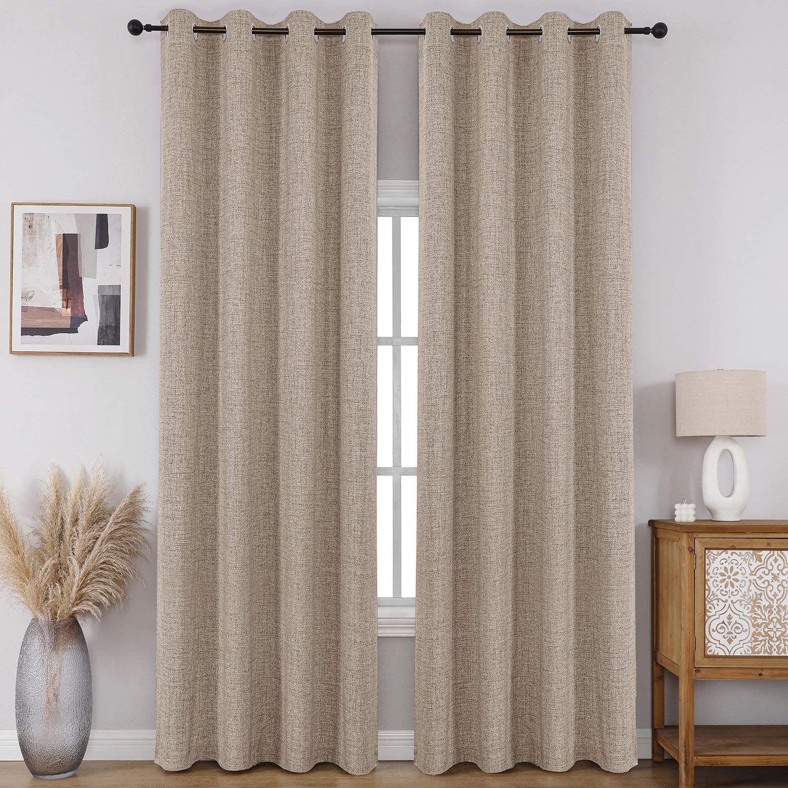 CUCRAF Full Blackout Window Curtains 84 inches Long,Faux Linen Look Thermal Insulated Grommet Drapes Panels for Bedroom Living Room,Set of 2(52 x 84 inches, Light Khaki)