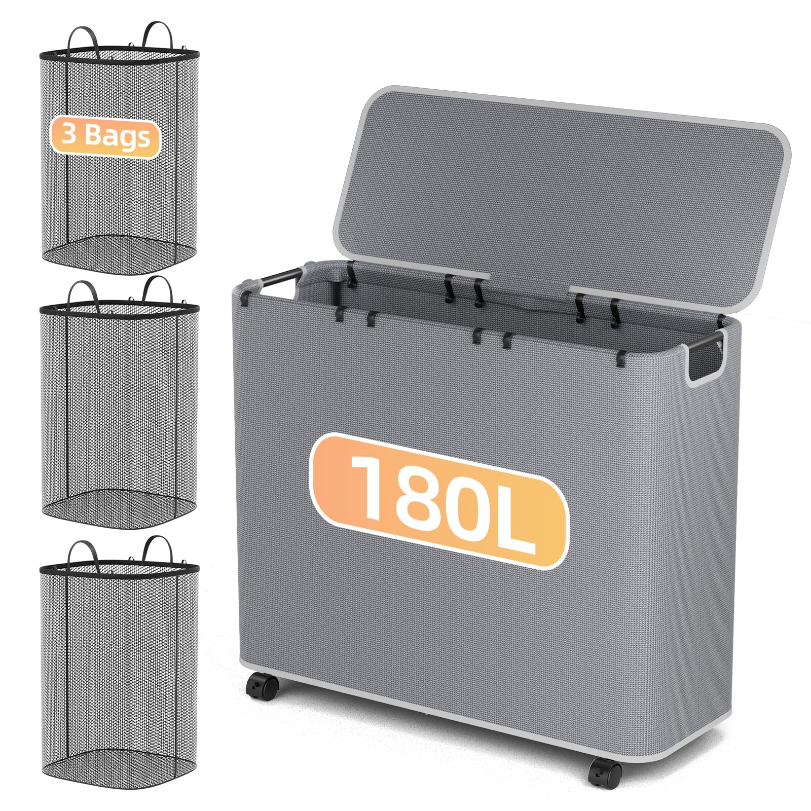 Photo 1 of Yecaye 180L Laundry Basket With Lid and Removable 3 Bags, Large Rolling Laundry Hamper with Lid, 3 Section Rolling Clothes Storage With Wheels, Clothes Hamper with Wheels For Laundry Room, Grey