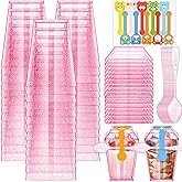 Dandat 100 Pack 5oz Pink Glitter Plastic Dessert Cups with Lids and Spoons Mini Clear Yogurt Parfait Appetizer Cups Disposable Square Serving Bowl for Wedding Baby Shower Pudding Mousse
