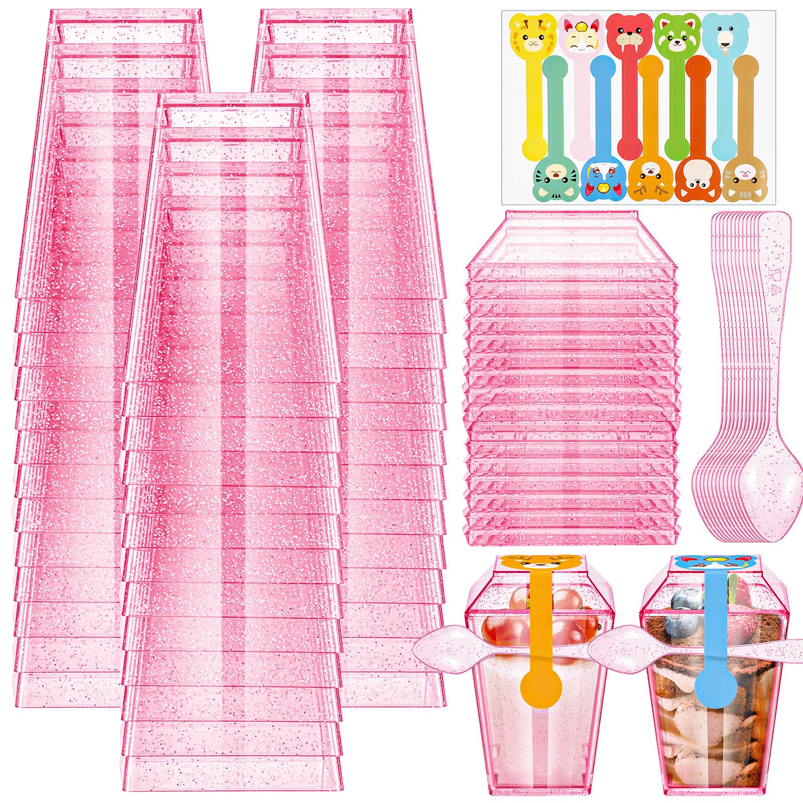 Photo 1 of 100 Pack 5oz Pink Glitter Plastic Dessert Cups with Lids and Spoons Mini Clear Yogurt Parfait Appetizer Cups Disposable Square Serving Bowl for Wedding Baby Shower Halloween Christmas Pudding Mousse