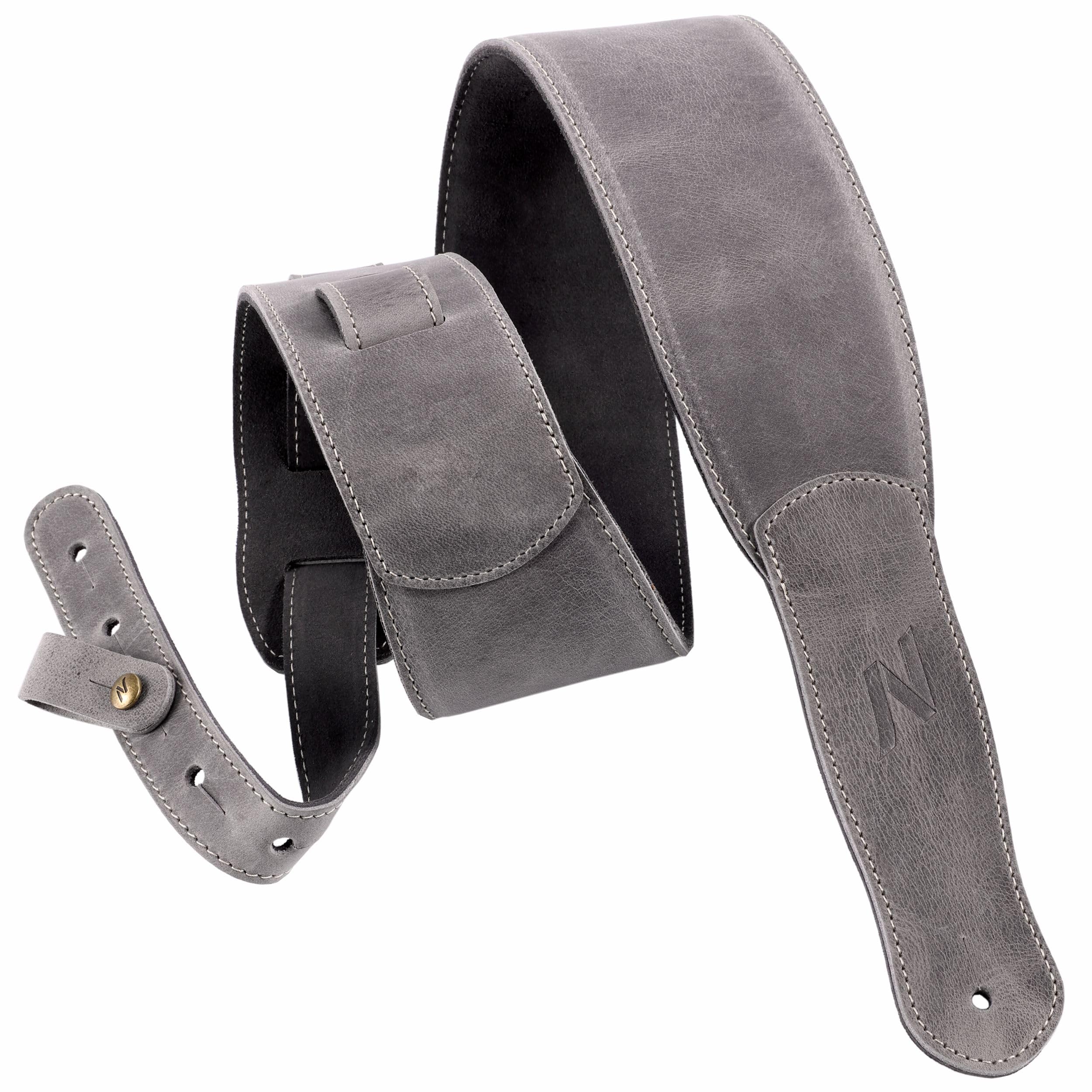 Nefelibata 3-Inch Guitar Strap, Full Grain Leather with Foam Padding and Cable Organizer Loop for Kids, Men and Women for Acoustic, Bass and Electric Guitar(Vintage Gray)