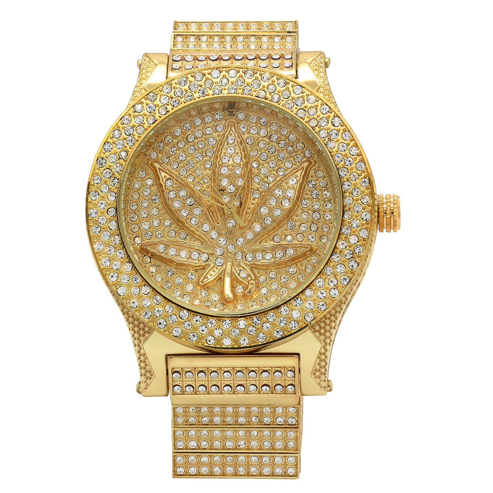 Mens CZ Fully Marijuana Gold Plated Metal Hip Hop Wrist Watch Watches J1
