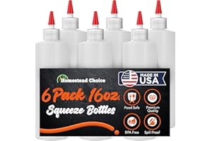 HOMESTEAD CHOICE 6-pack Plastic Squeeze Bottles for Sauces - 16 OZ Condiment Squeeze Bottles for Liquids - Made in USA - BPA Free Squirt Bottles with Cap - Ketchup, Syrup, Oil, Dressings, Honey & Arts and Crafts