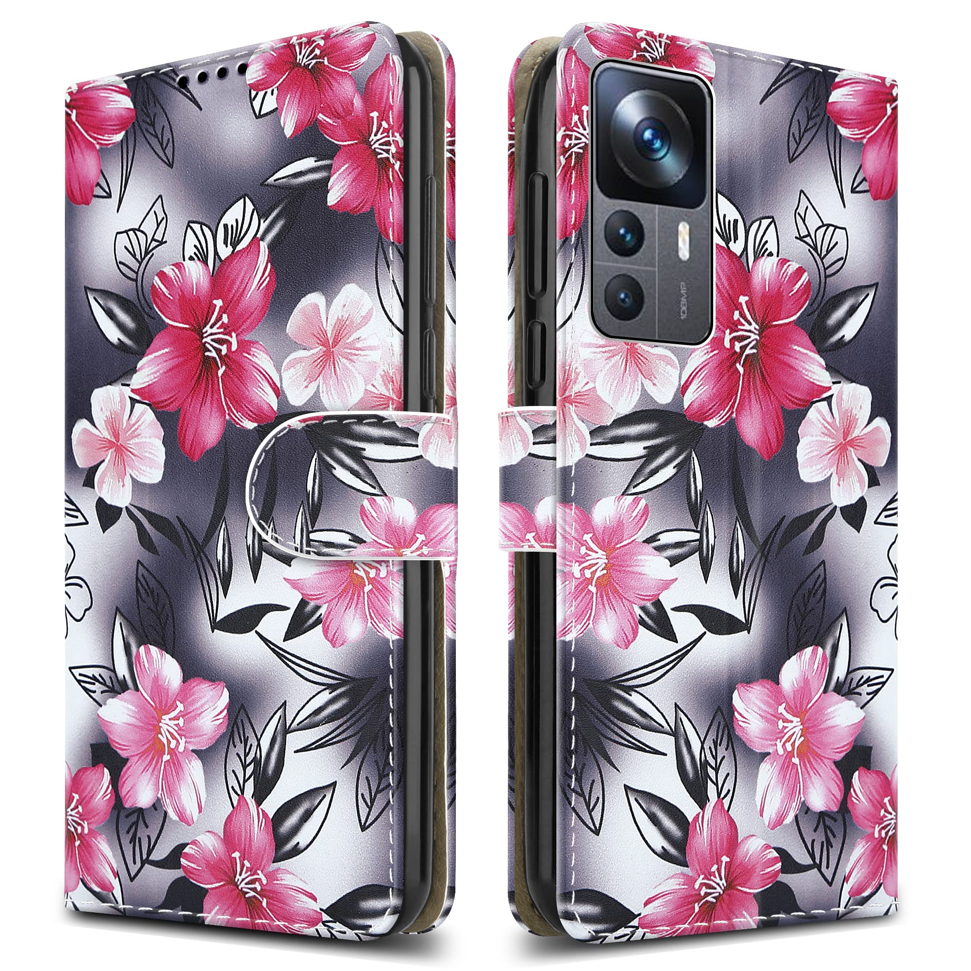 For Xiaomi 12T & 12T Pro Leather Phone Case, Magnetic Closure Full Protection Book Folio Design, Wallet Case Cover [Card Slots] and [Kickstand] For Xiaomi 12T & 12T Pro (5G) - Flower