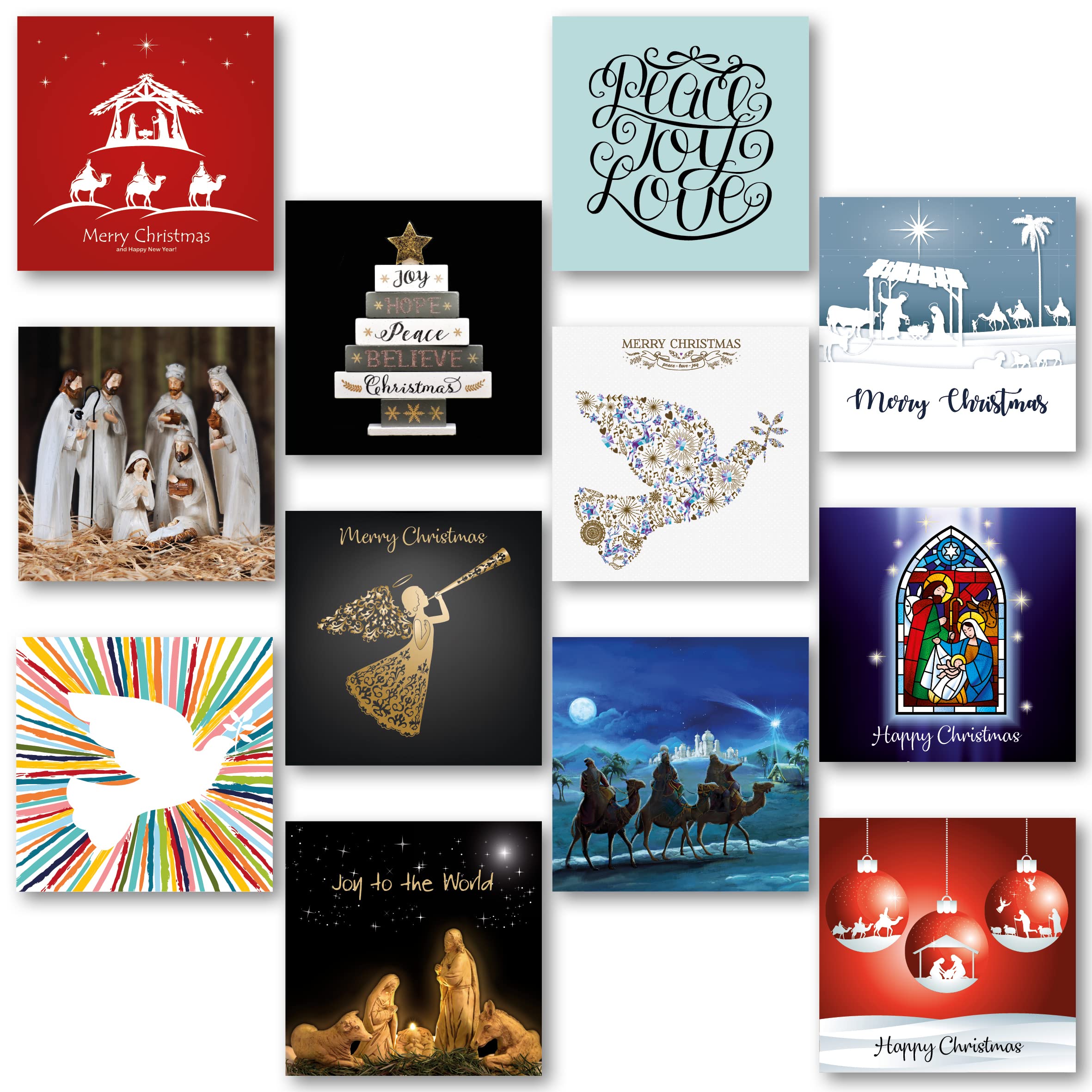 Charity Christmas Cards Pack of 24. Each Christmas Card multipack has 12 different Religious designs. Ecofriendly and UK made. Blank Inside. Large 150x150mm card size.